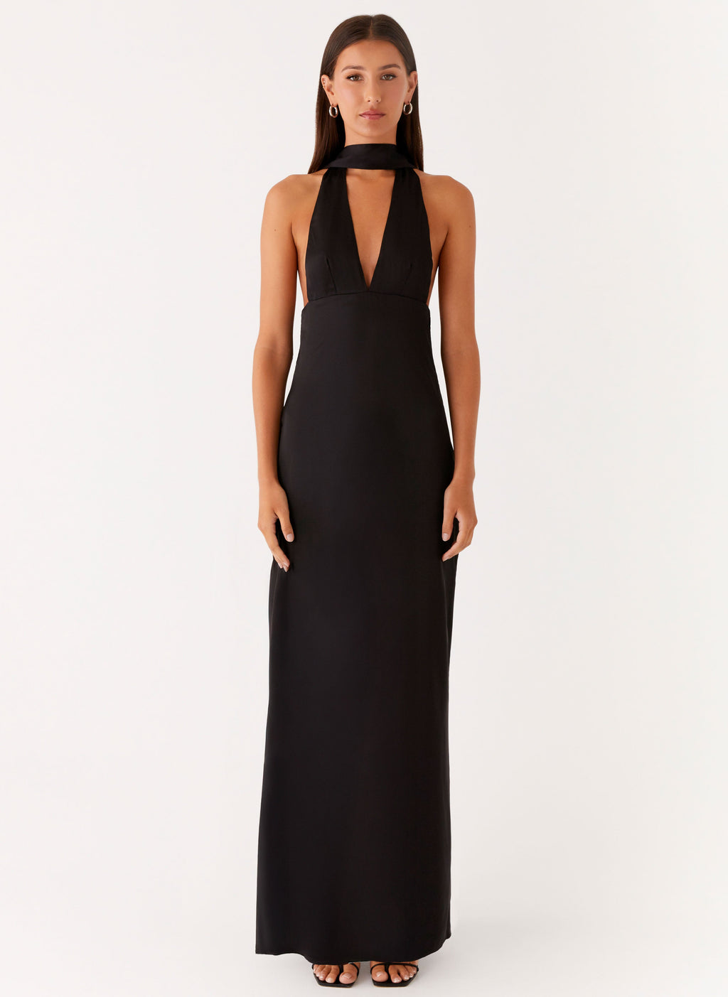 Alicia Satin Halter Maxi Dress - Black