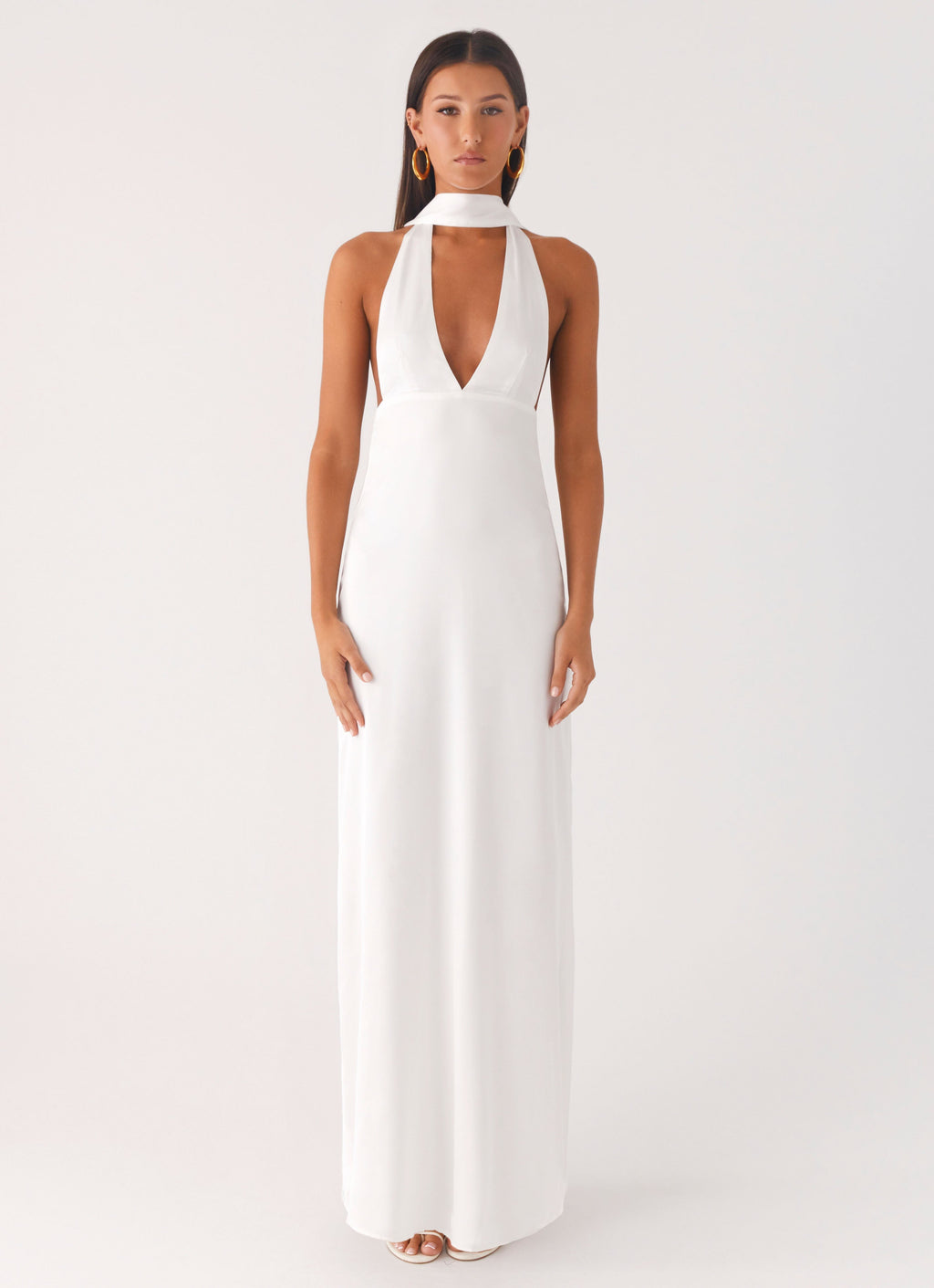 Alicia Satin Halter Maxi Dress - White