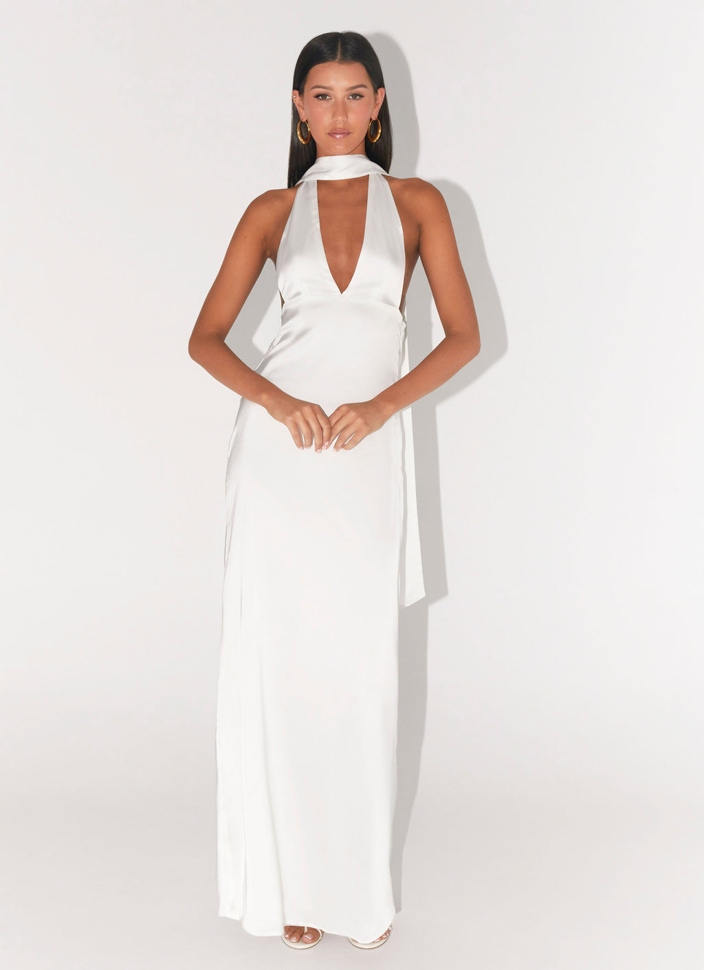 Alicia Satin Halter Maxi Dress - White