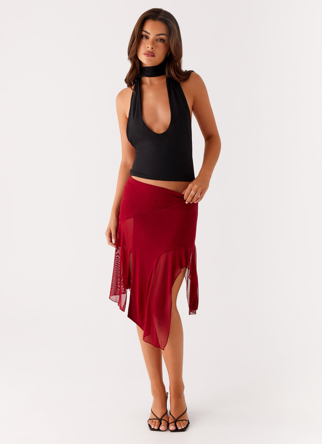 Anthea Mesh Midi Skirt - Red