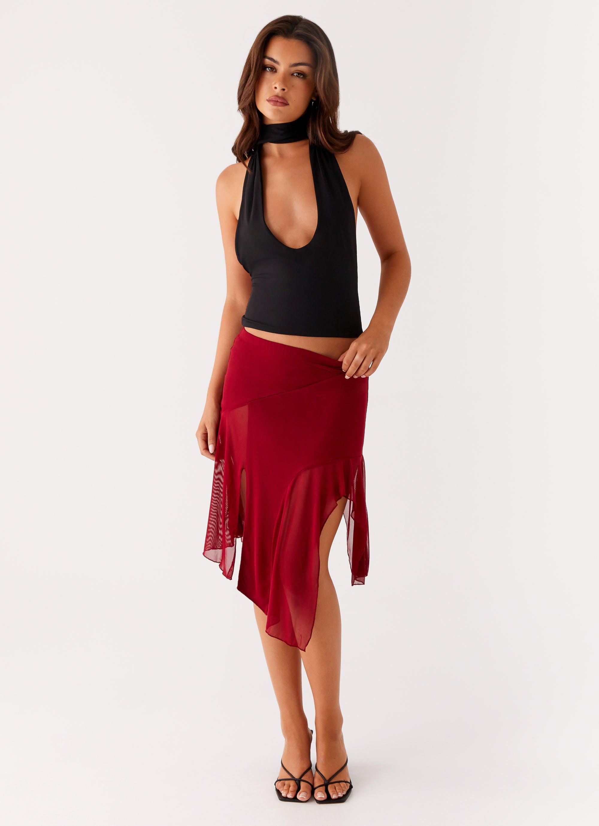 Anthea Mesh Midi Skirt - Red