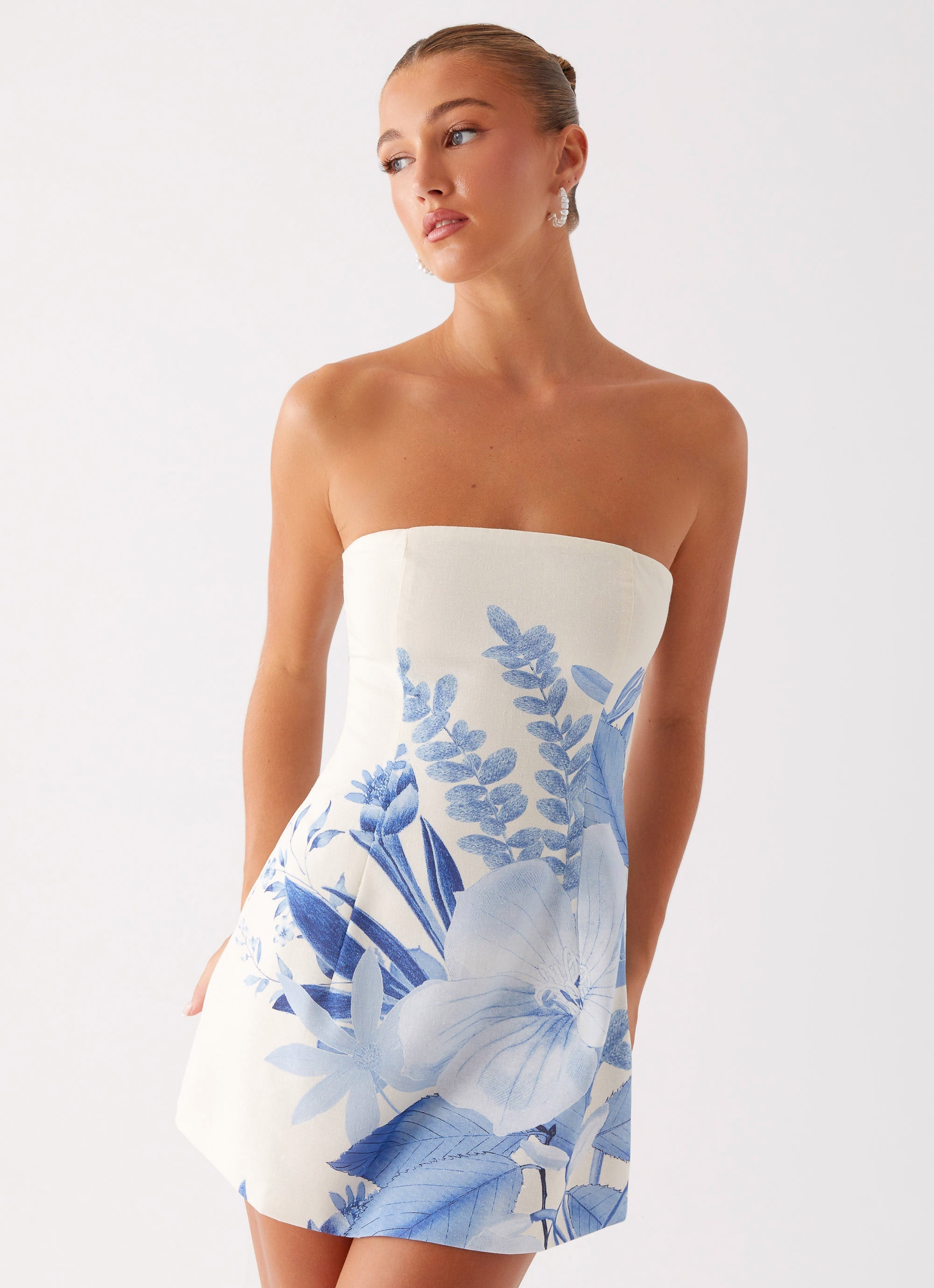 Denby Strapless Mini Dress - Blue Floral Print