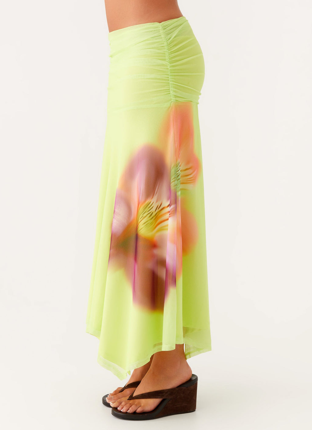 Liana Ruched Maxi Skirt - Green Tropical
