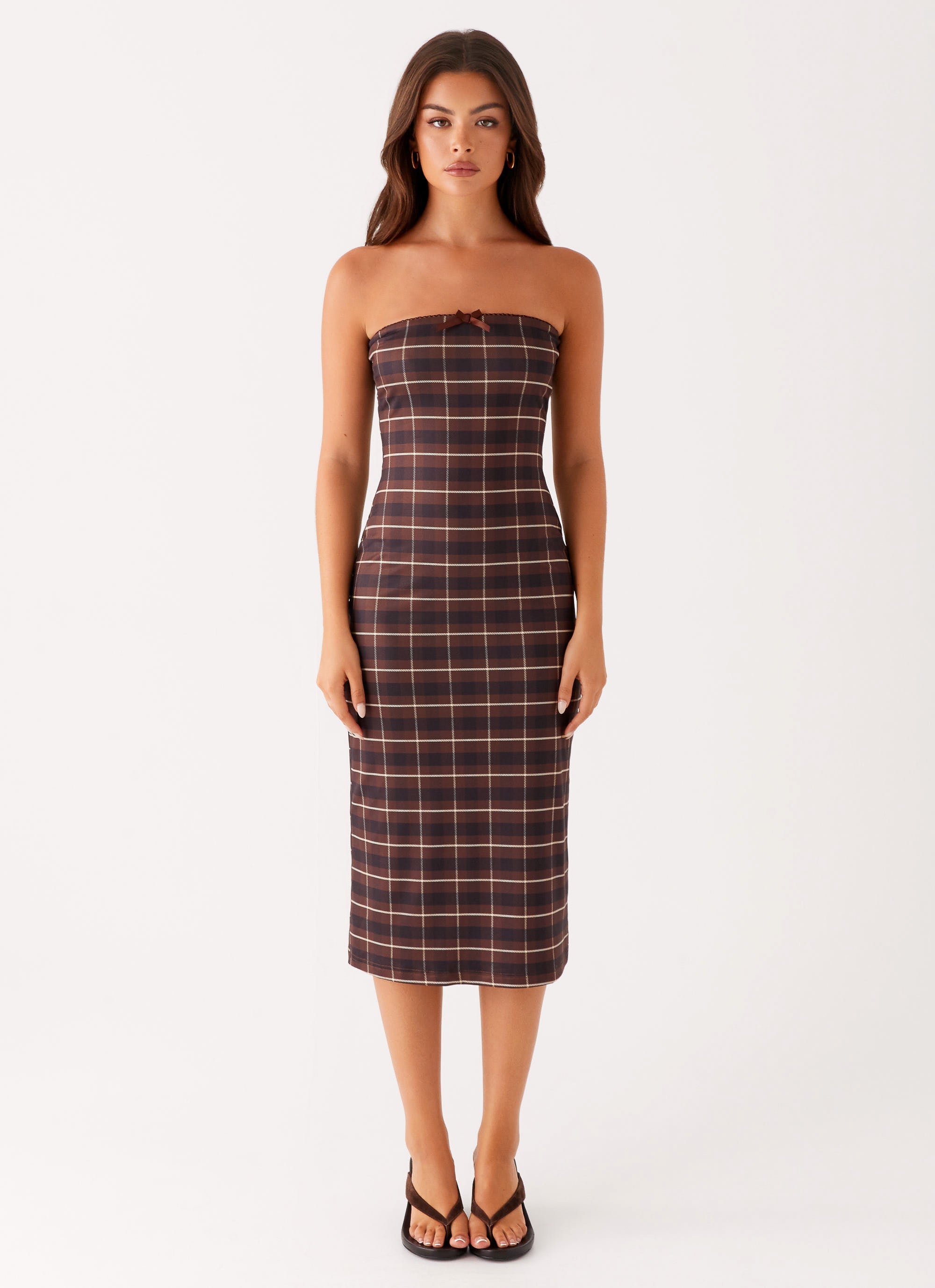 Niko Strapless Midi Dress - Brown Black Check