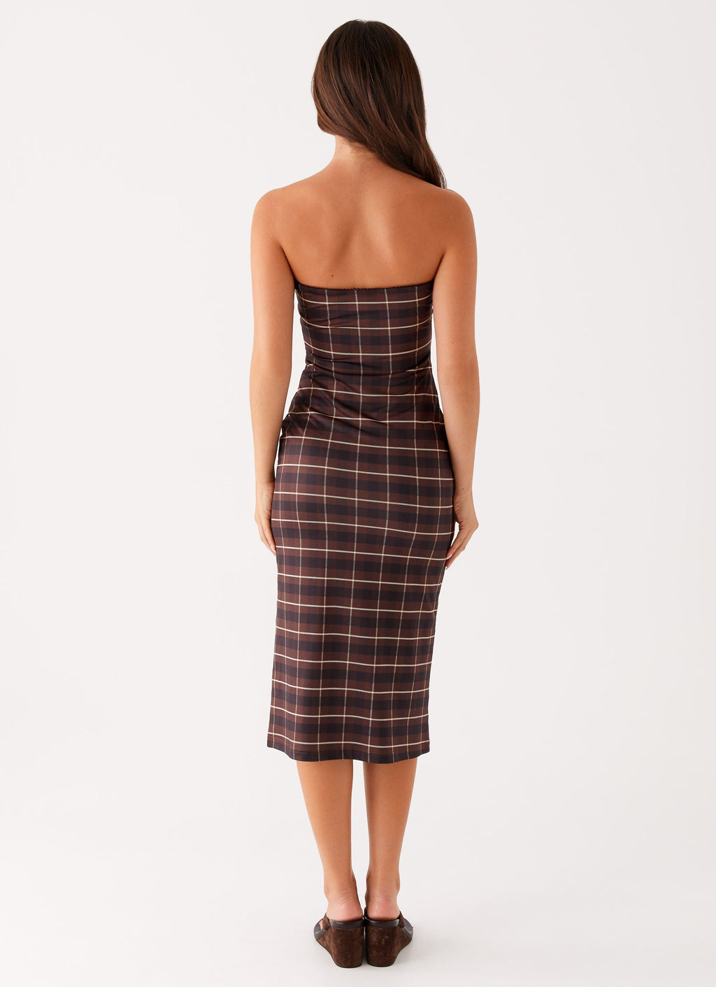 Niko Strapless Midi Dress - Brown Black Check