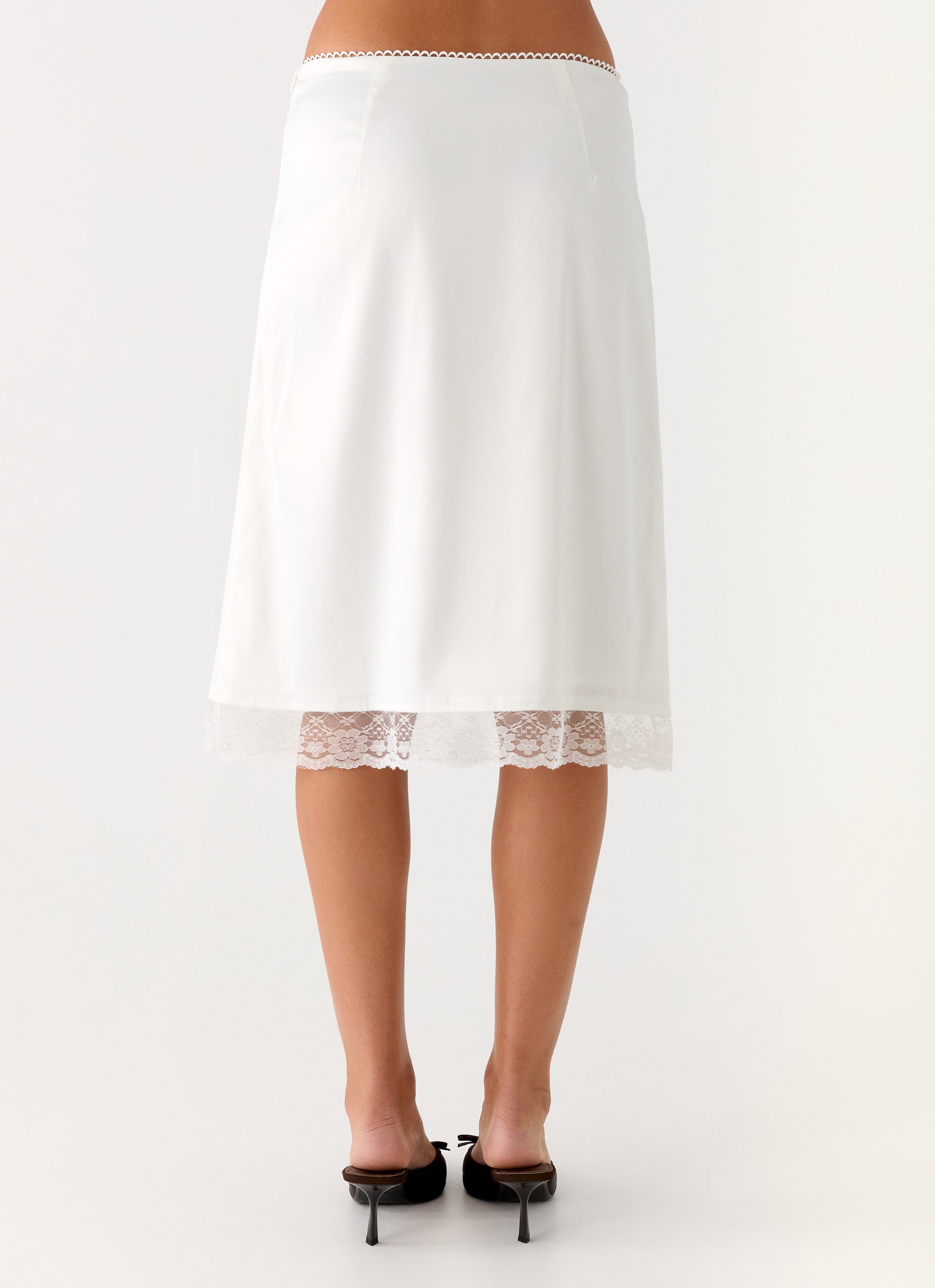 Rina Low Rise Satin Midi Skirt - White