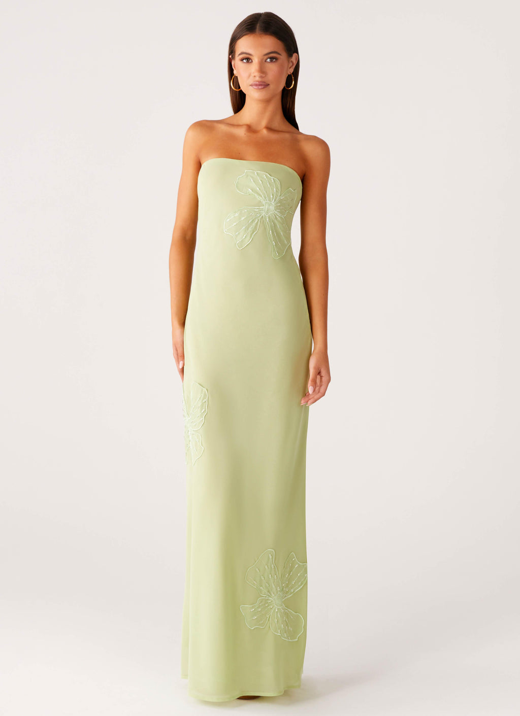 Sassafras Beaded Flower Strapless Maxi Dress - Lime