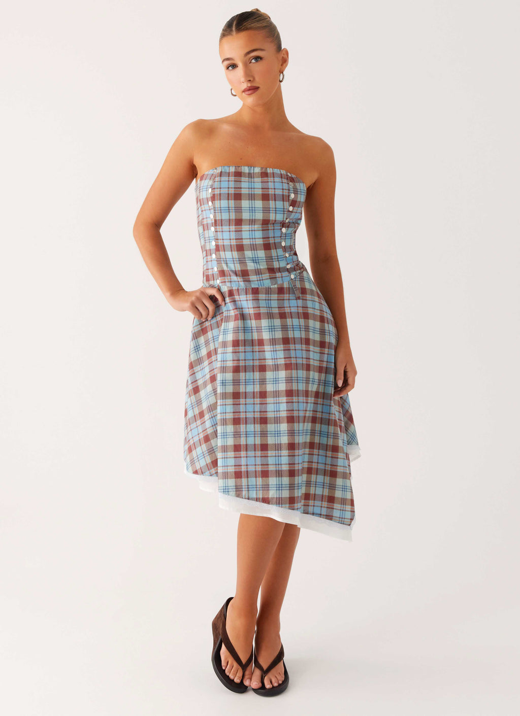 Tonie Strapless Midi Dress - Shoreline Check